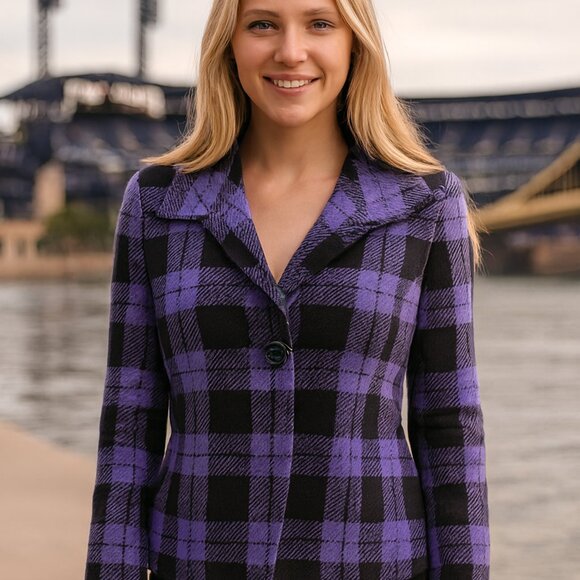 Evan-Picone Black Purple Checkered Blazer Size 8 - Picture 1 of 10